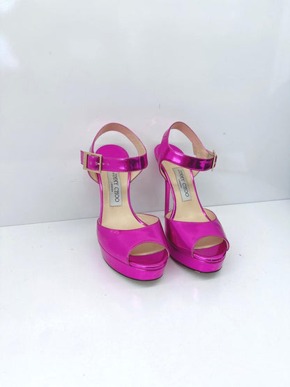 FUCHSIA PATENT LEATHER PEEP TOE PLATFORM ANKLE STRAP SANDALS 37