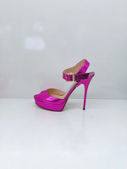 FUCHSIA PATENT LEATHER PEEP TOE PLATFORM ANKLE STRAP SANDALS 37
