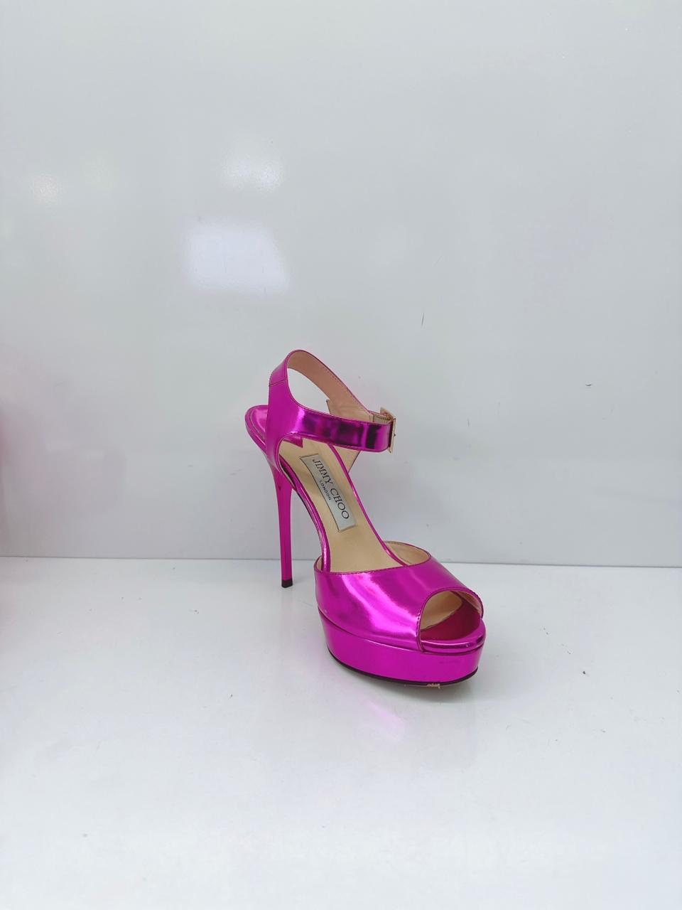FUCHSIA PATENT LEATHER PEEP TOE PLATFORM ANKLE STRAP SANDALS 37