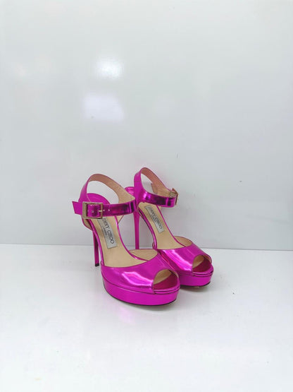FUCHSIA PATENT LEATHER PEEP TOE PLATFORM ANKLE STRAP SANDALS 37