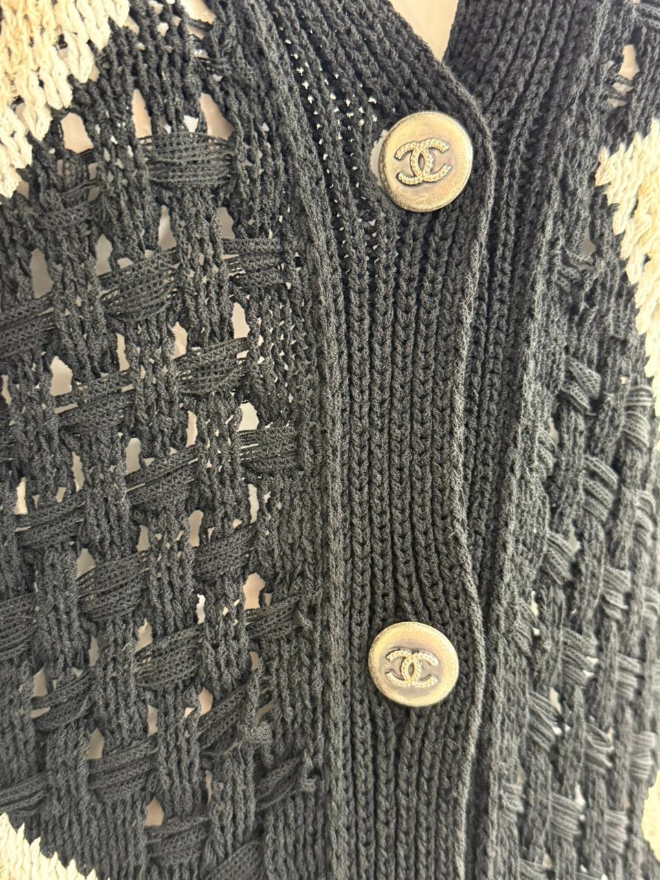 BLACK WHITE DIAMOND PATTERN KNIT LONG CARDIGAN 34