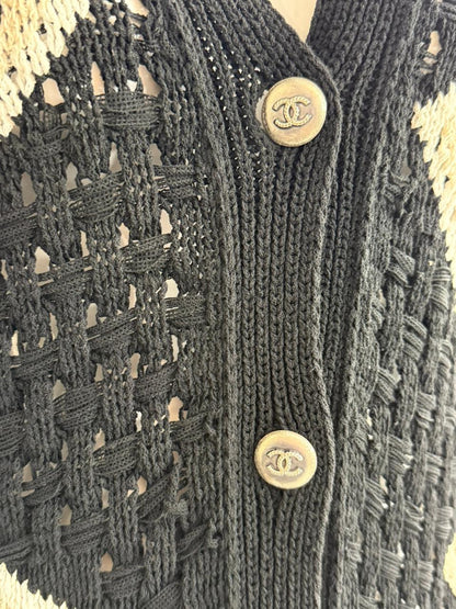 BLACK WHITE DIAMOND PATTERN KNIT LONG CARDIGAN 34