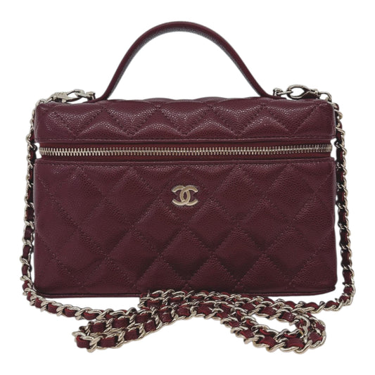 BURGUNDY GRAINED SHINY CALFSKIN AND GOLD TONE METAL CLASSIC VANITY WITH CHAIN