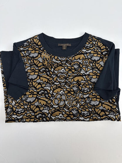 BLACK AND BROWN FLOCKED FLORAL SILK COTTON SHORT SLEEVE T-SHIRT M
