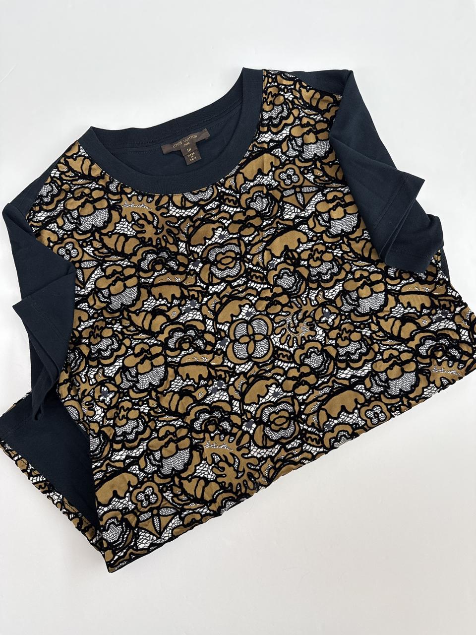 BLACK AND BROWN FLOCKED FLORAL SILK COTTON SHORT SLEEVE T-SHIRT M
