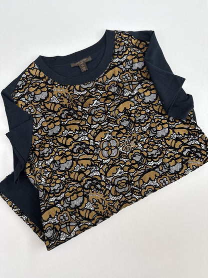 BLACK AND BROWN FLOCKED FLORAL SILK COTTON SHORT SLEEVE T-SHIRT M