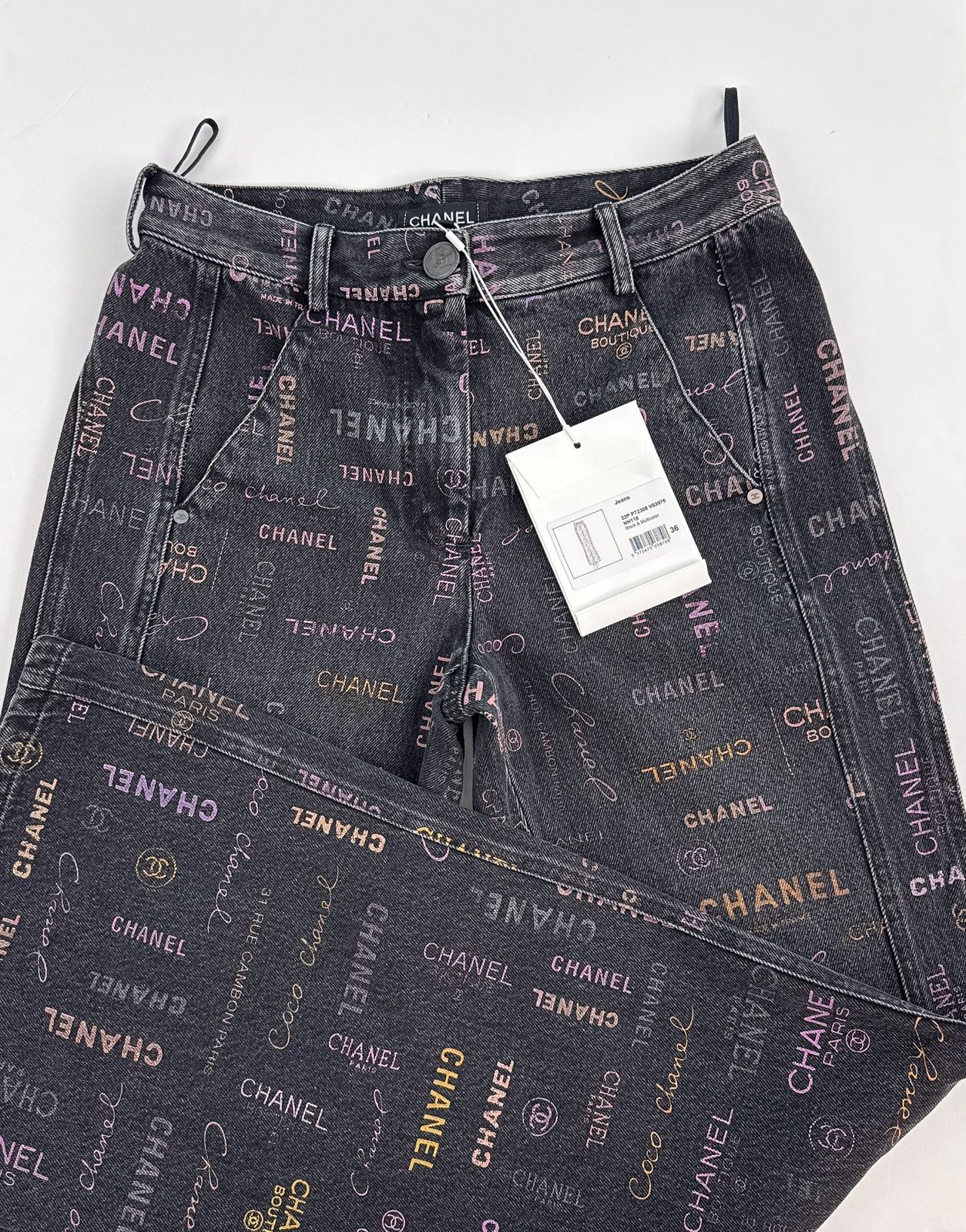 BLACK LOGO PRINT DENIM WIDE LEG JEANS 36
