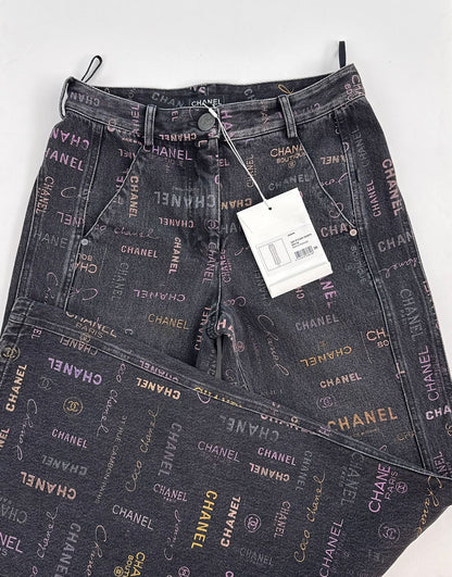 BLACK LOGO PRINT DENIM WIDE LEG JEANS 36