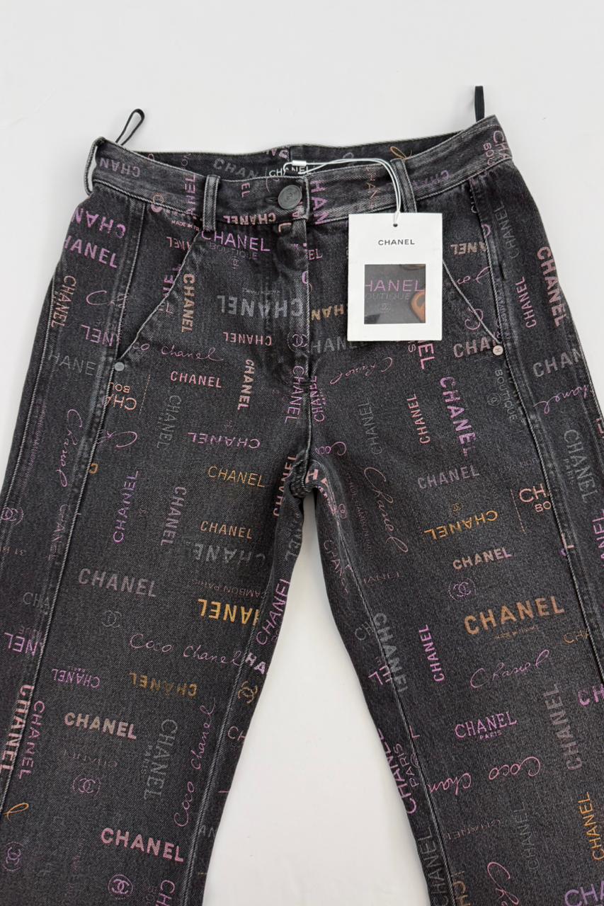 BLACK LOGO PRINT DENIM WIDE LEG JEANS 36