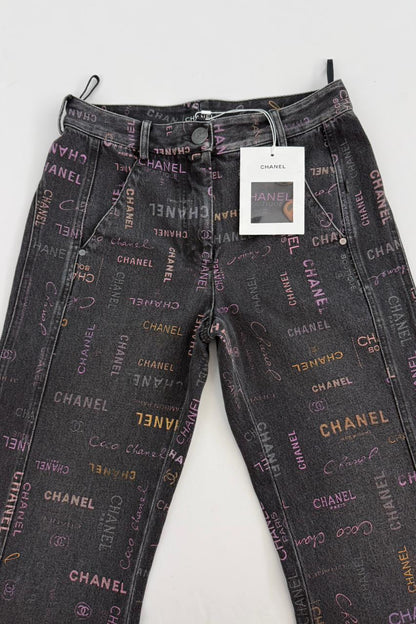 BLACK LOGO PRINT DENIM WIDE LEG JEANS 36