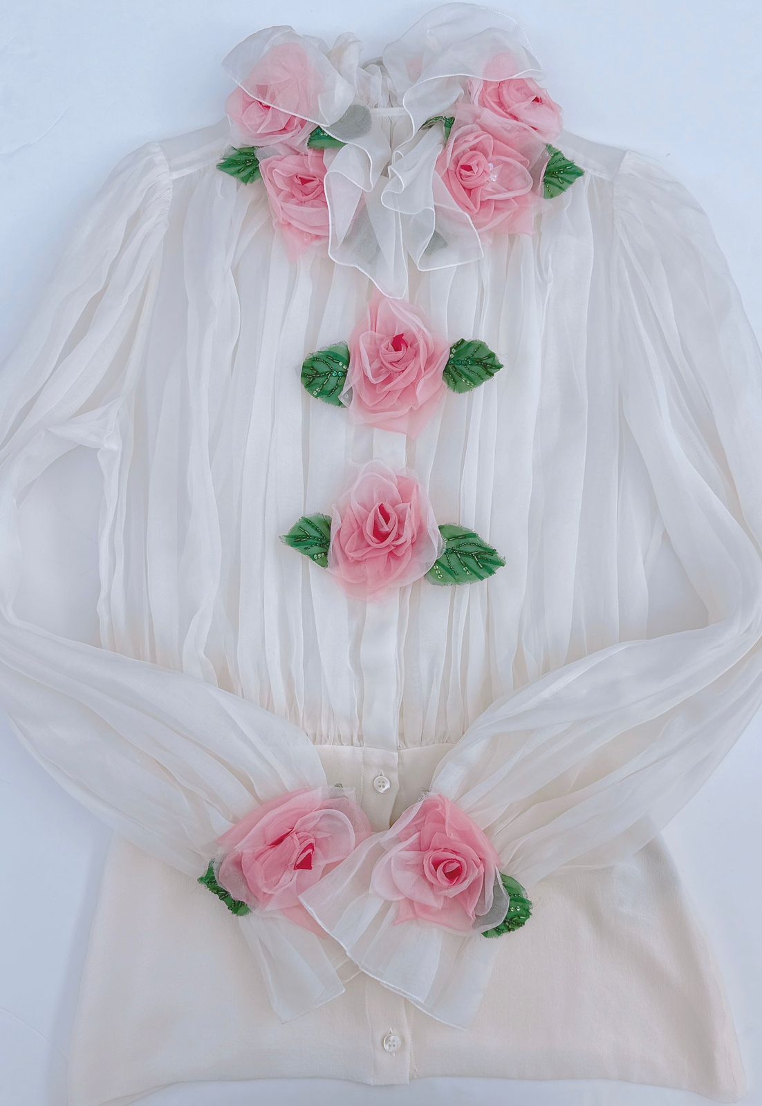 WHITE FLORAL APPLIQUE ORGANZA SILK BLOUSE 38