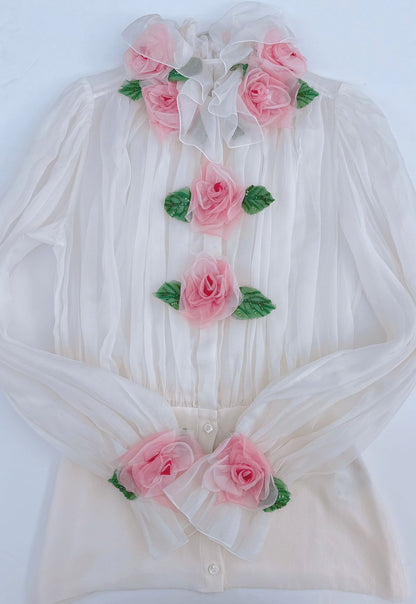 WHITE FLORAL APPLIQUE ORGANZA SILK BLOUSE 38