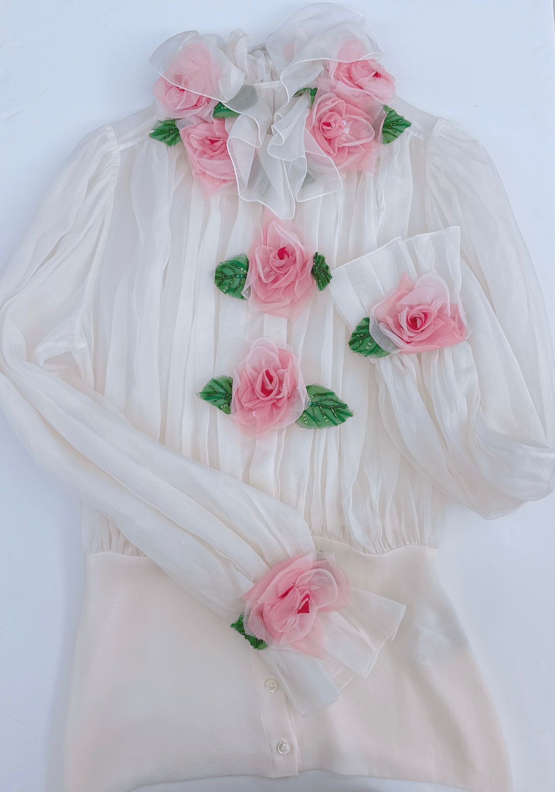 WHITE FLORAL APPLIQUE ORGANZA SILK BLOUSE 38