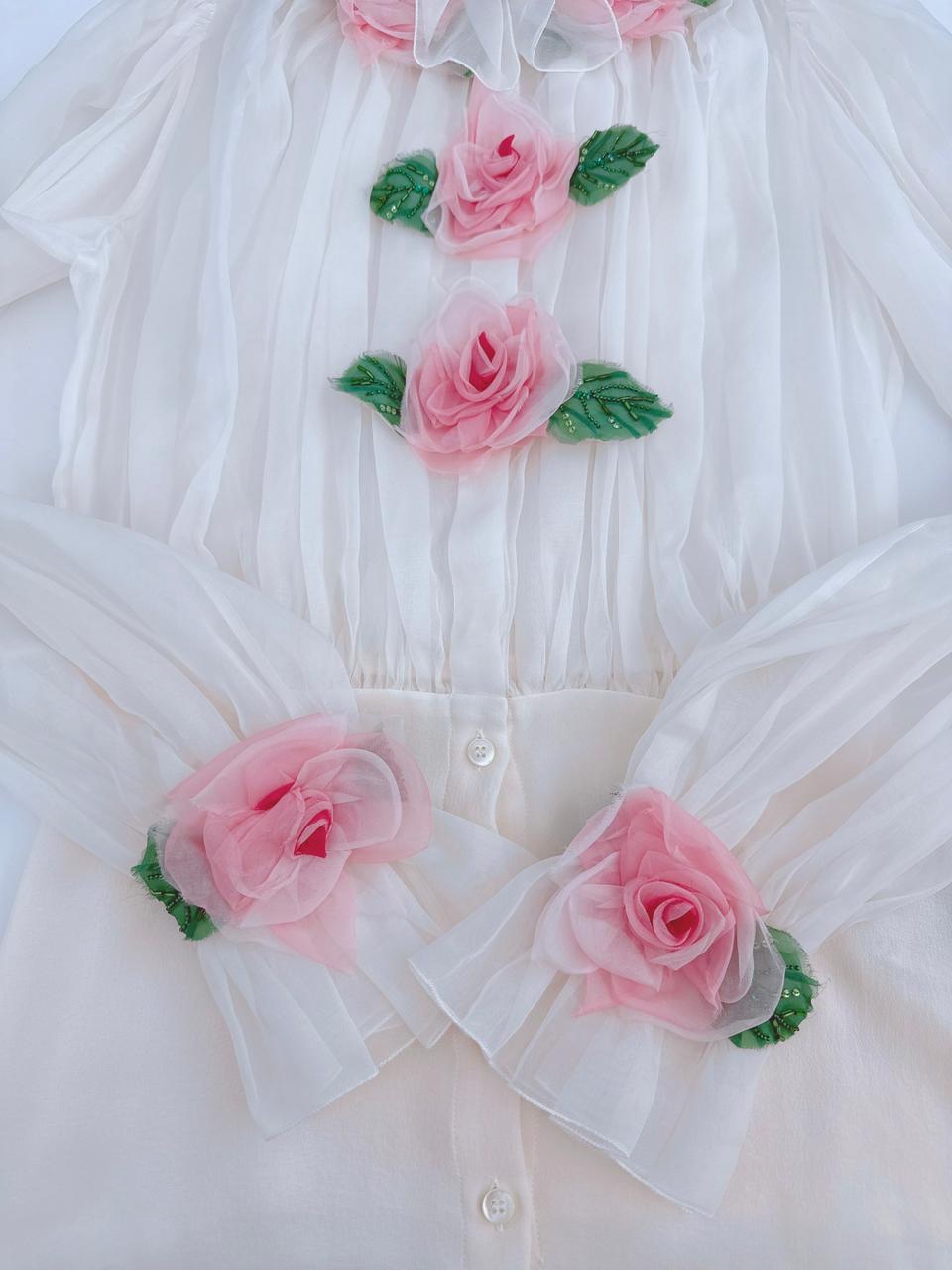WHITE FLORAL APPLIQUE ORGANZA SILK BLOUSE 38