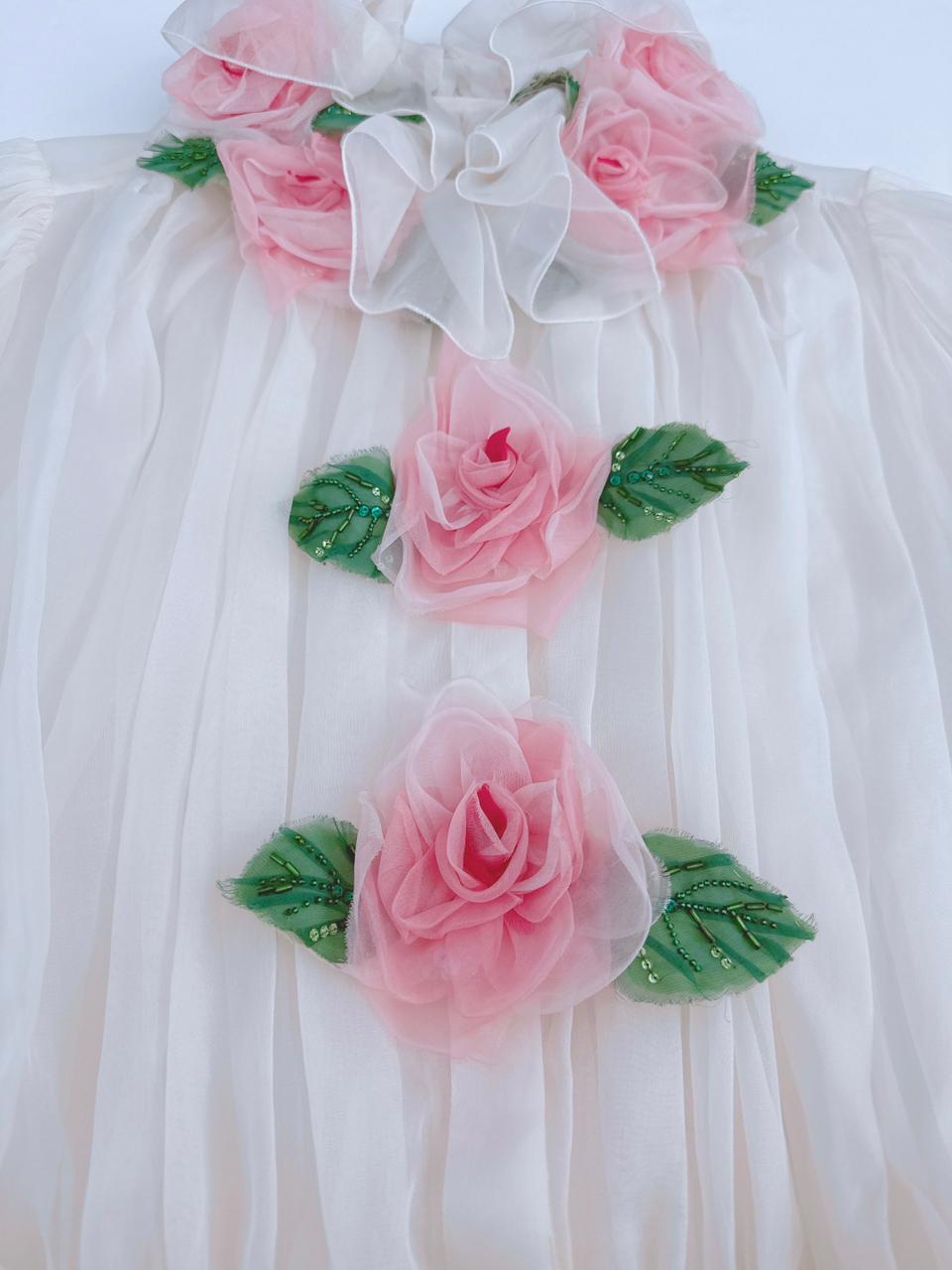 WHITE FLORAL APPLIQUE ORGANZA SILK BLOUSE 38