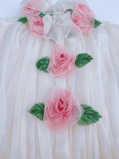 WHITE FLORAL APPLIQUE ORGANZA SILK BLOUSE 38