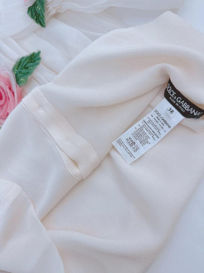 WHITE FLORAL APPLIQUE ORGANZA SILK BLOUSE 38