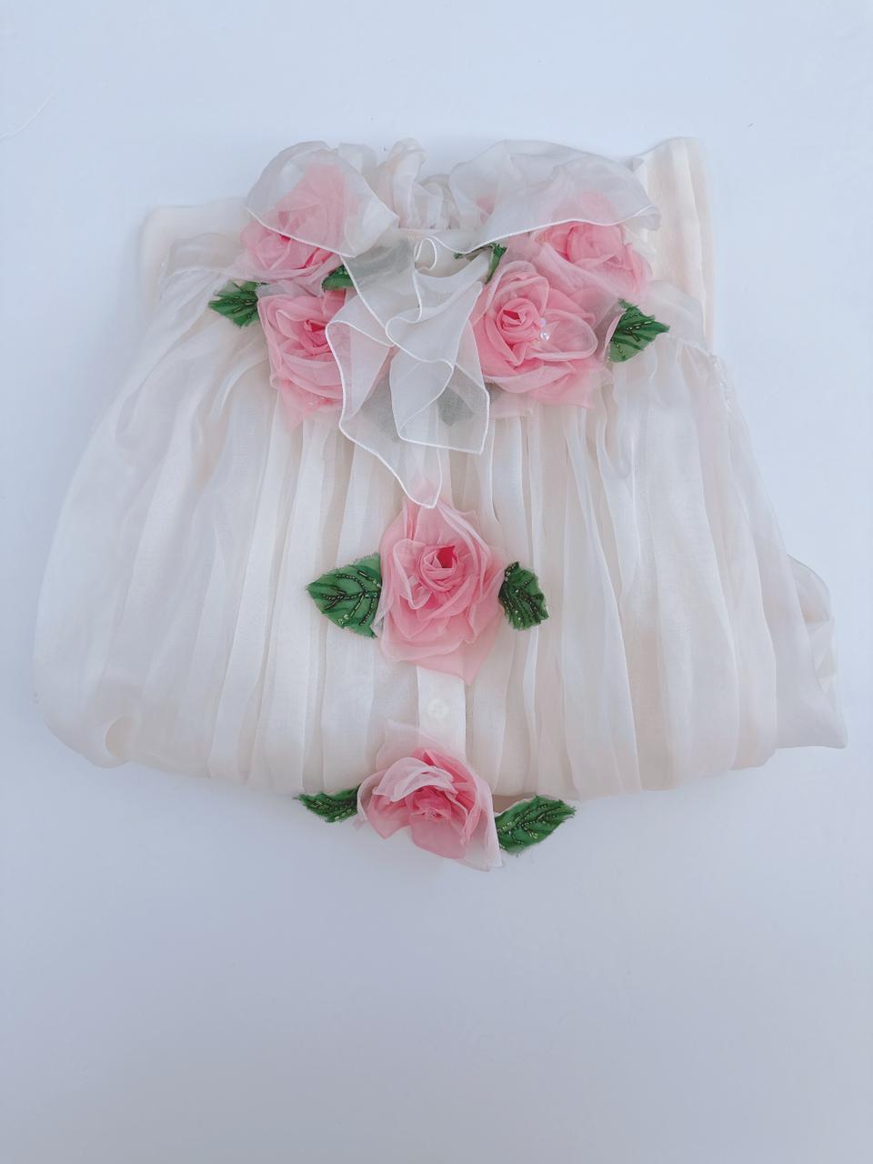 WHITE FLORAL APPLIQUE ORGANZA SILK BLOUSE 38