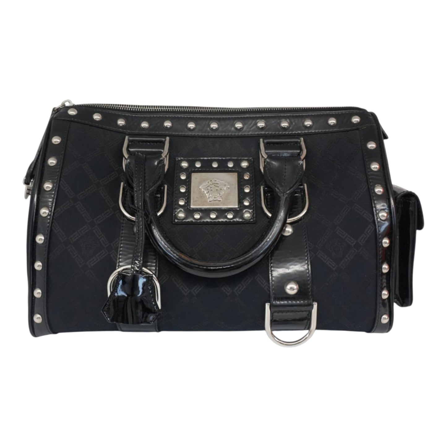 MEDUSA BLACK MONOGRAM FABRIC AND PATENT LEATHER STUDDED TOP HANDLE BOSTON BAG