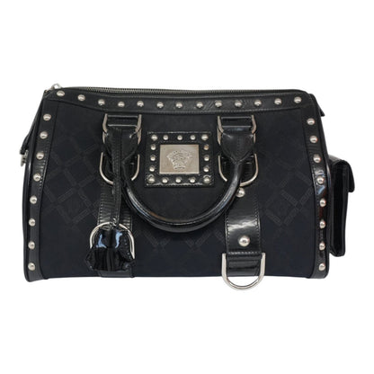 MEDUSA BLACK MONOGRAM FABRIC AND PATENT LEATHER STUDDED TOP HANDLE BOSTON BAG
