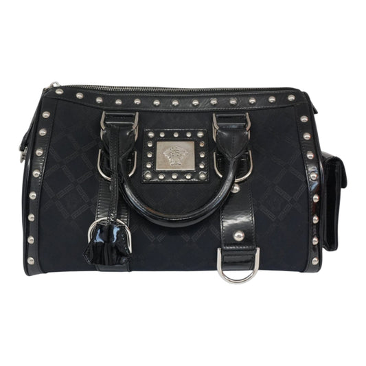 MEDUSA BLACK MONOGRAM FABRIC AND PATENT LEATHER STUDDED TOP HANDLE BOSTON BAG