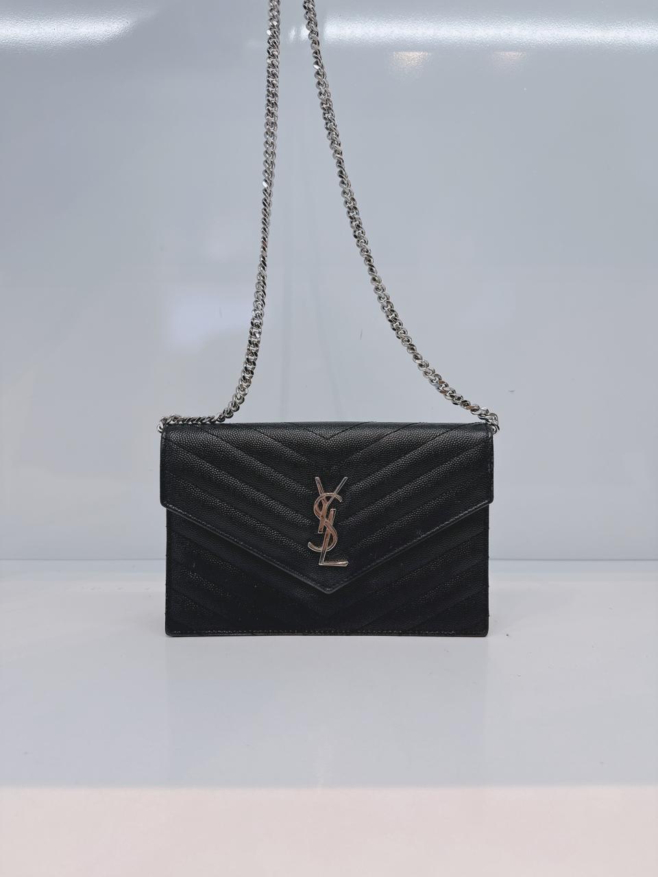 BLACK MATELASSE LEATHER CASSANDRE ENVELOPE CHAIN WALLET