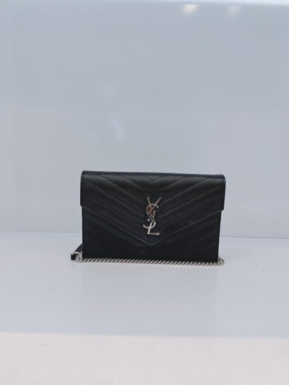 BLACK MATELASSE LEATHER CASSANDRE ENVELOPE CHAIN WALLET