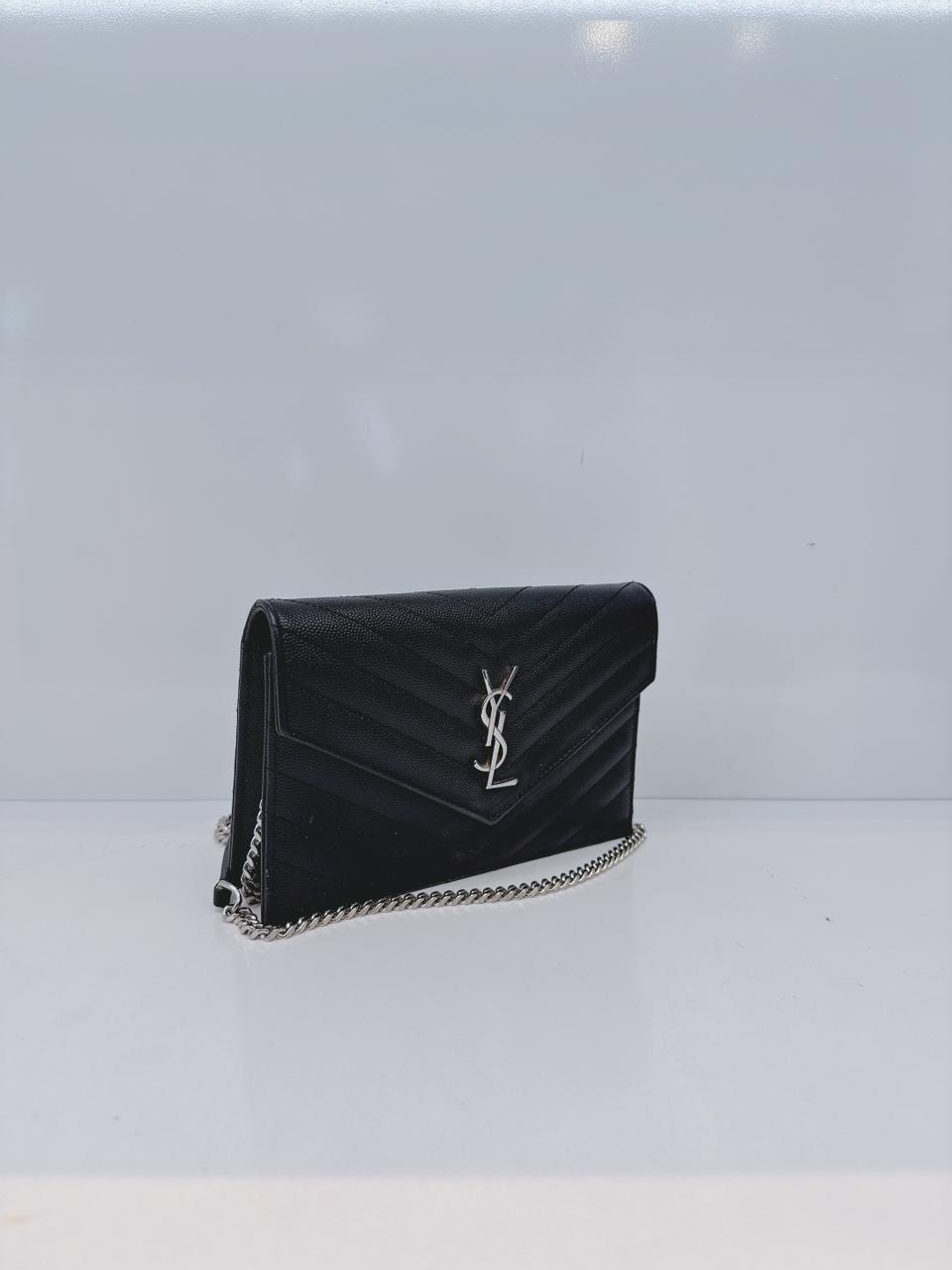 BLACK MATELASSE LEATHER CASSANDRE ENVELOPE CHAIN WALLET