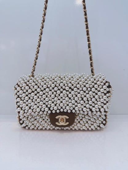 BLACK SATIN AND LAMBSKIN PEARL 19S MINI RECTANGULAR FLAP BAG LIGHT GOLD HARDWARE