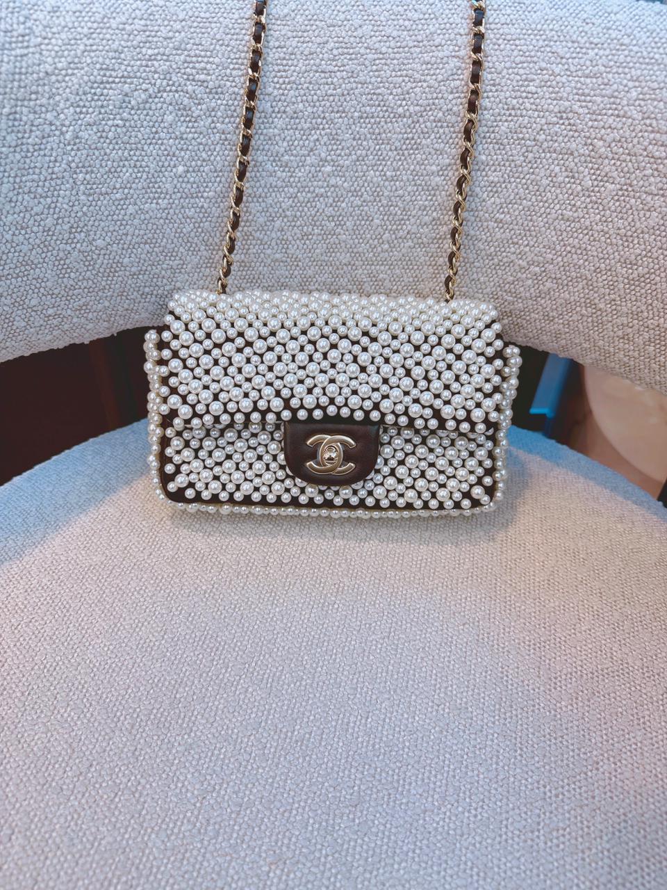 BLACK SATIN AND LAMBSKIN PEARL 19S MINI RECTANGULAR FLAP BAG LIGHT GOLD HARDWARE