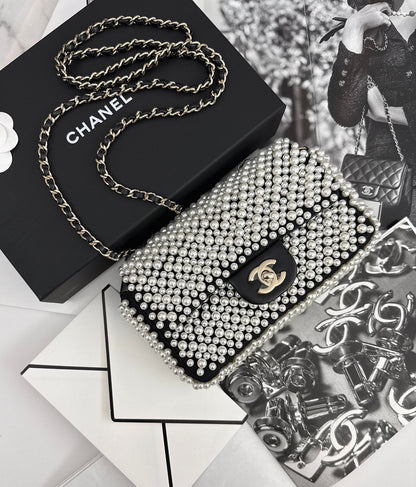 BLACK SATIN AND LAMBSKIN PEARL 19S MINI RECTANGULAR FLAP BAG LIGHT GOLD HARDWARE