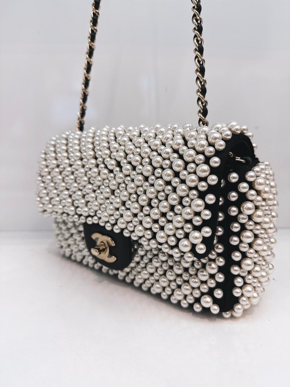BLACK SATIN AND LAMBSKIN PEARL 19S MINI RECTANGULAR FLAP BAG LIGHT GOLD HARDWARE
