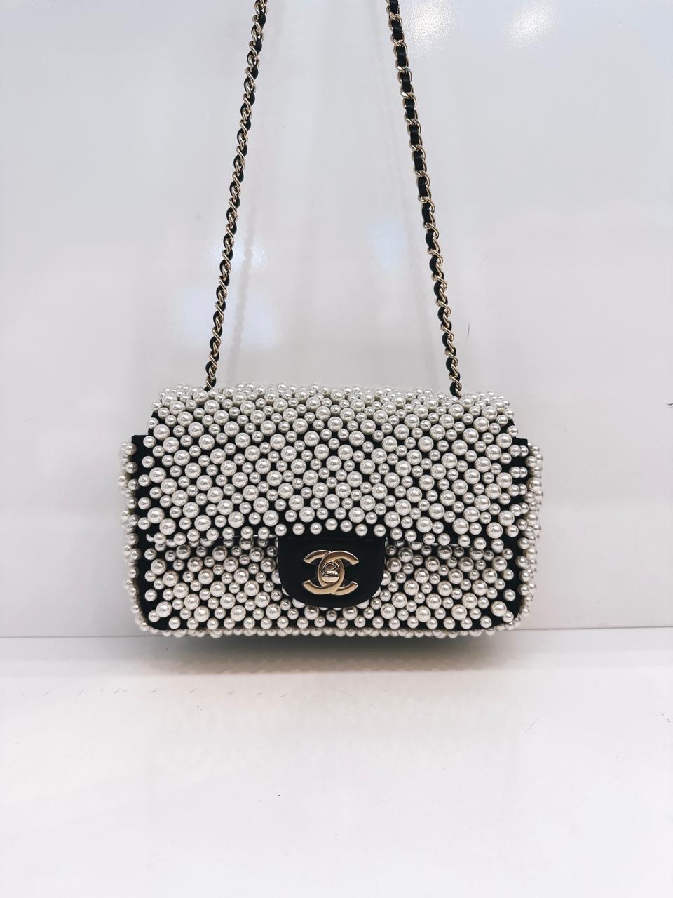 BLACK SATIN AND LAMBSKIN PEARL 19S MINI RECTANGULAR FLAP BAG LIGHT GOLD HARDWARE