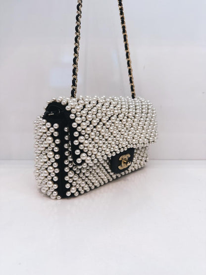 BLACK SATIN AND LAMBSKIN PEARL 19S MINI RECTANGULAR FLAP BAG LIGHT GOLD HARDWARE