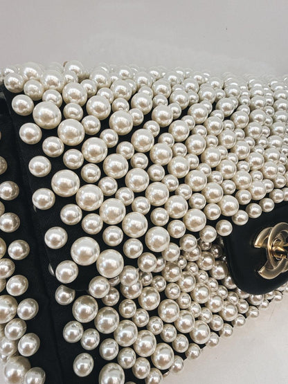 BLACK SATIN AND LAMBSKIN PEARL 19S MINI RECTANGULAR FLAP BAG LIGHT GOLD HARDWARE