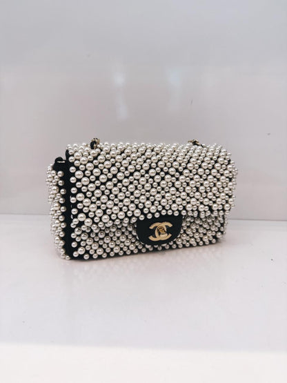 BLACK SATIN AND LAMBSKIN PEARL 19S MINI RECTANGULAR FLAP BAG LIGHT GOLD HARDWARE