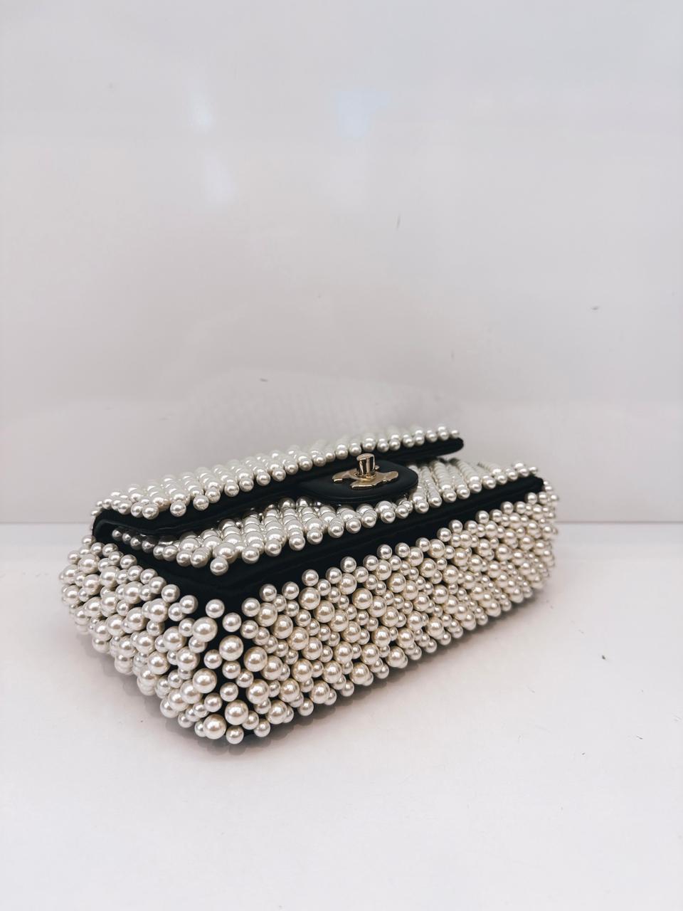BLACK SATIN AND LAMBSKIN PEARL 19S MINI RECTANGULAR FLAP BAG LIGHT GOLD HARDWARE