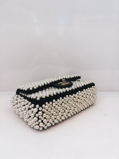 BLACK SATIN AND LAMBSKIN PEARL 19S MINI RECTANGULAR FLAP BAG LIGHT GOLD HARDWARE