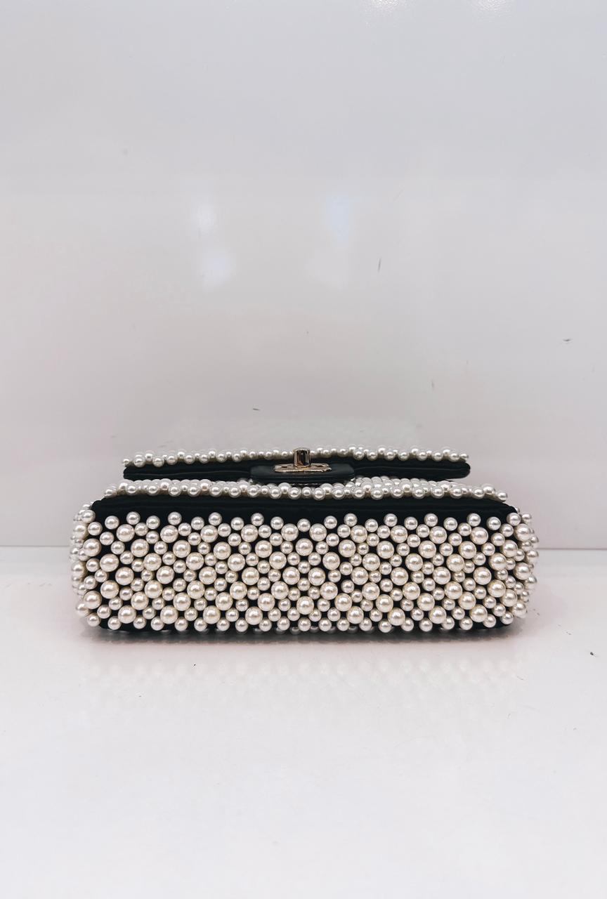 BLACK SATIN AND LAMBSKIN PEARL 19S MINI RECTANGULAR FLAP BAG LIGHT GOLD HARDWARE