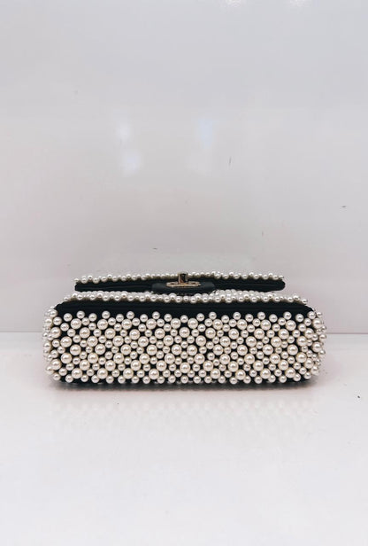 BLACK SATIN AND LAMBSKIN PEARL 19S MINI RECTANGULAR FLAP BAG LIGHT GOLD HARDWARE