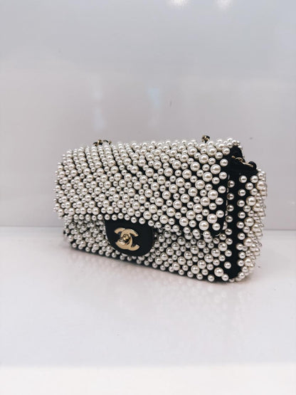 BLACK SATIN AND LAMBSKIN PEARL 19S MINI RECTANGULAR FLAP BAG LIGHT GOLD HARDWARE
