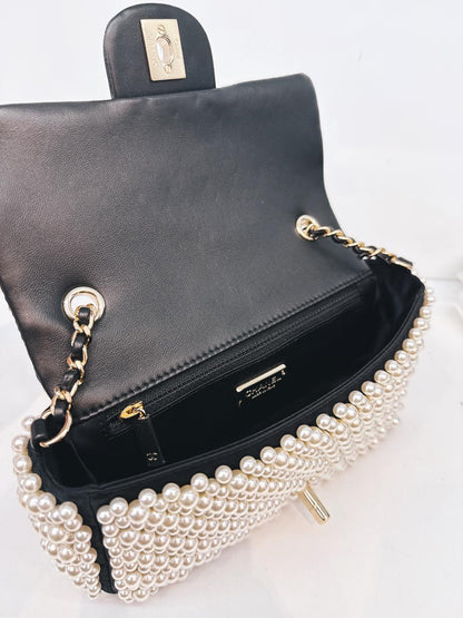 BLACK SATIN AND LAMBSKIN PEARL 19S MINI RECTANGULAR FLAP BAG LIGHT GOLD HARDWARE