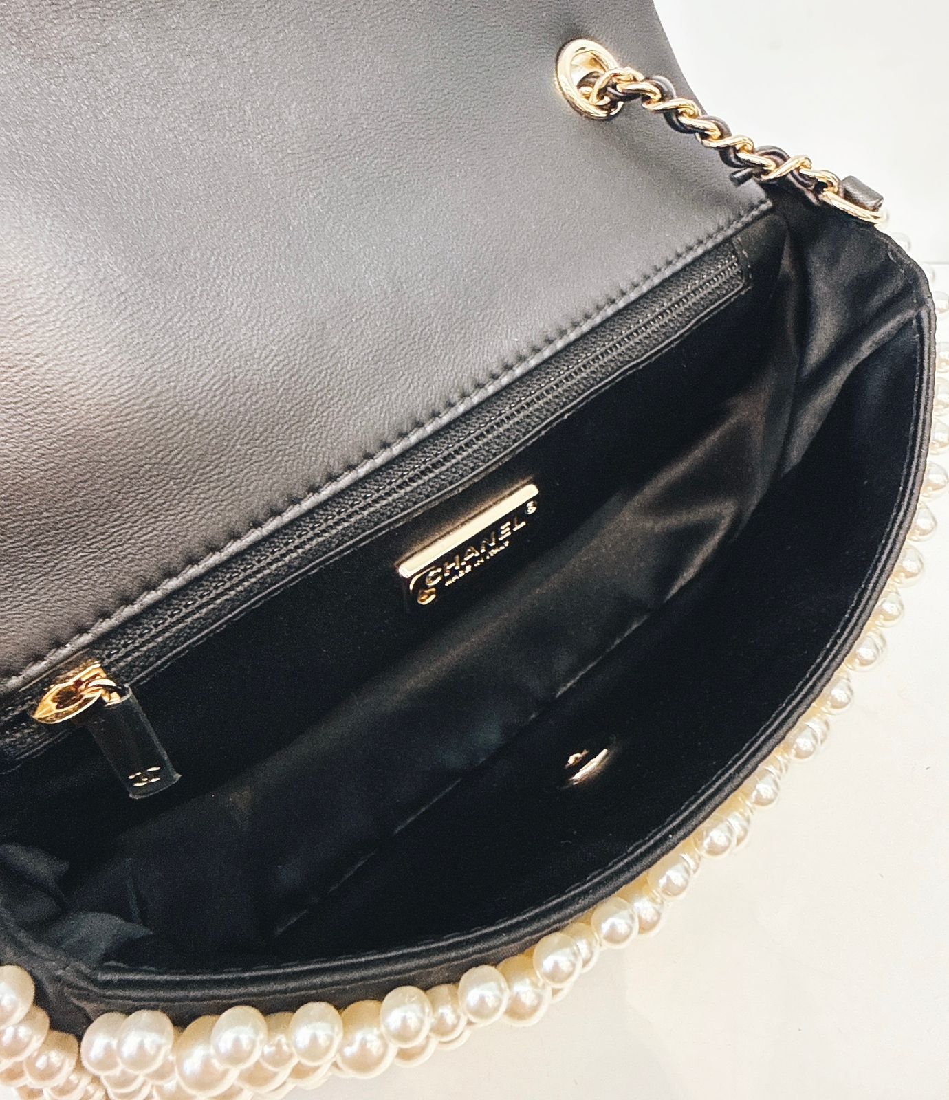 BLACK SATIN AND LAMBSKIN PEARL 19S MINI RECTANGULAR FLAP BAG LIGHT GOLD HARDWARE