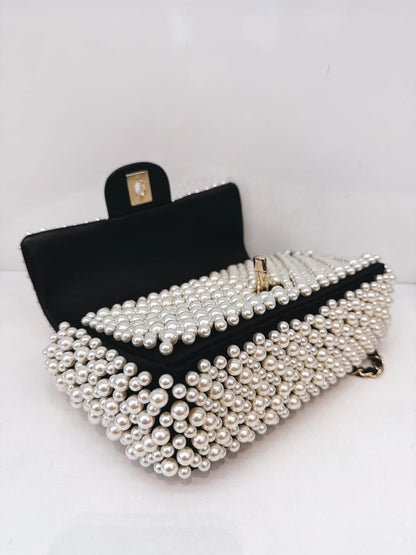 BLACK SATIN AND LAMBSKIN PEARL 19S MINI RECTANGULAR FLAP BAG LIGHT GOLD HARDWARE
