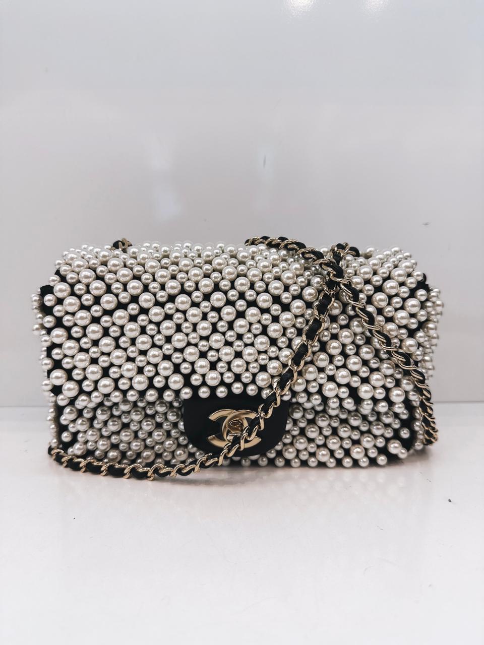 BLACK SATIN AND LAMBSKIN PEARL 19S MINI RECTANGULAR FLAP BAG LIGHT GOLD HARDWARE