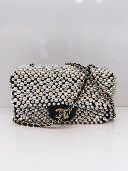 BLACK SATIN AND LAMBSKIN PEARL 19S MINI RECTANGULAR FLAP BAG LIGHT GOLD HARDWARE