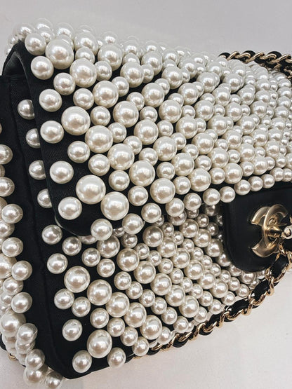BLACK SATIN AND LAMBSKIN PEARL 19S MINI RECTANGULAR FLAP BAG LIGHT GOLD HARDWARE
