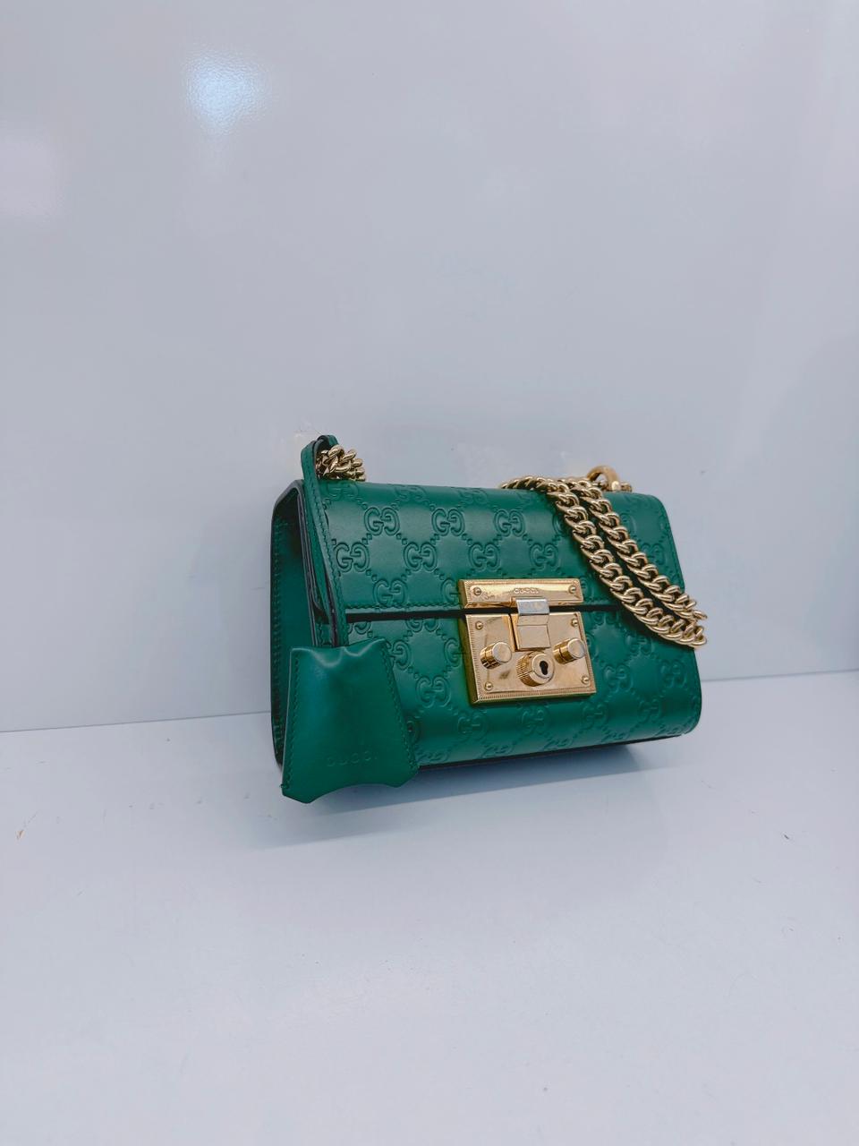GREEN GUCCISIMA LEATHER SMALL PADLOCK CHAIN SHOULDER BAG