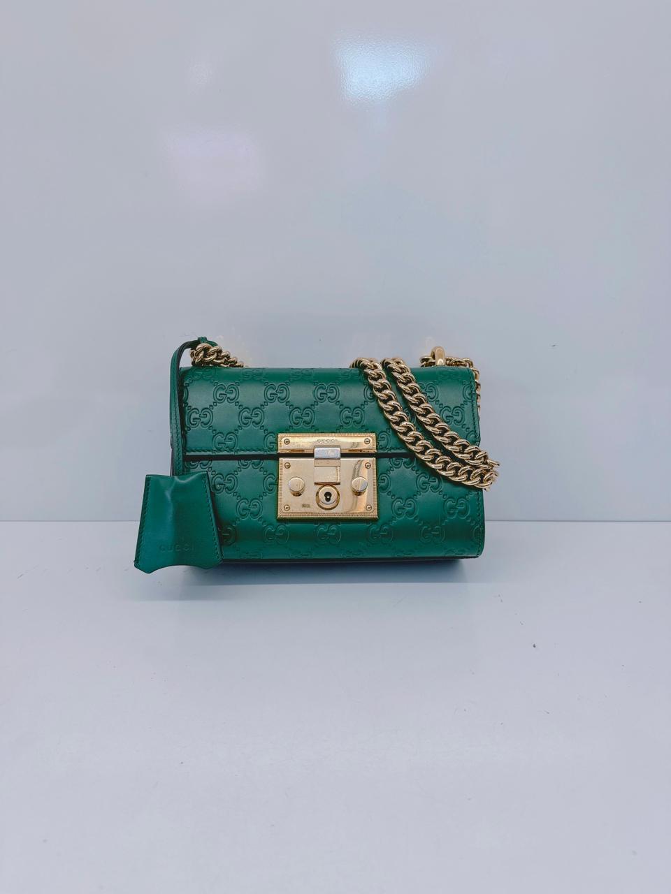 GREEN GUCCISIMA LEATHER SMALL PADLOCK CHAIN SHOULDER BAG