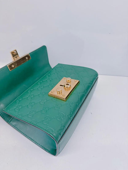 GREEN GUCCISIMA LEATHER SMALL PADLOCK CHAIN SHOULDER BAG